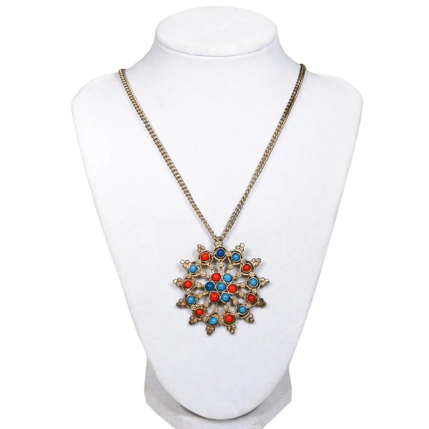 1970's Turquoise and Coral Sunburst Statement Necklace