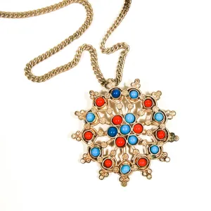 1970's Turquoise and Coral Sunburst Statement Necklace