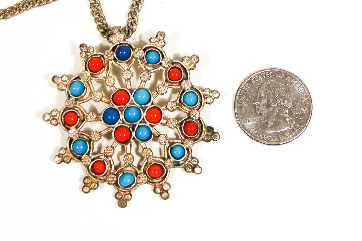 1970's Turquoise and Coral Sunburst Statement Necklace
