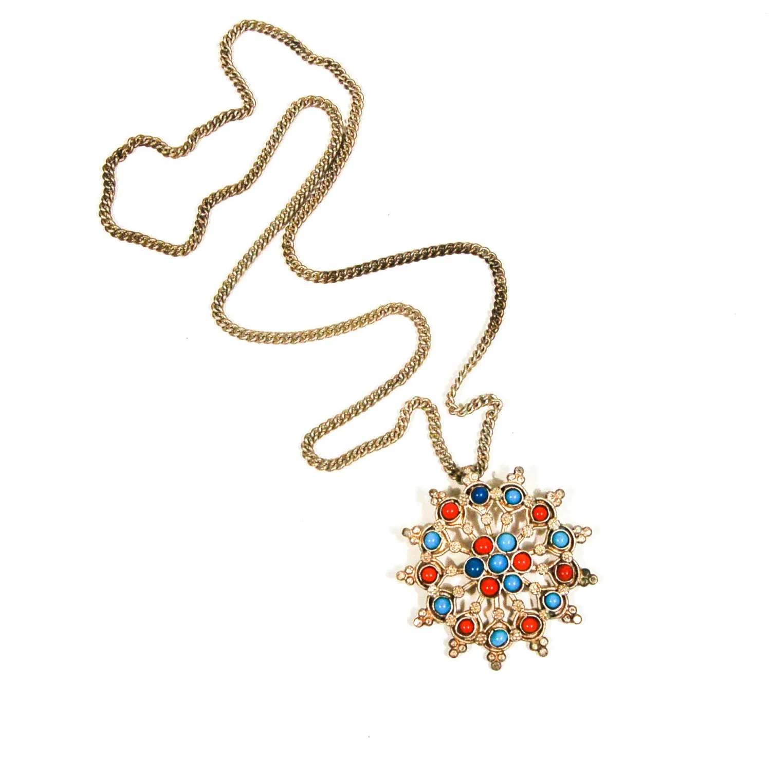 1970's Turquoise and Coral Sunburst Statement Necklace