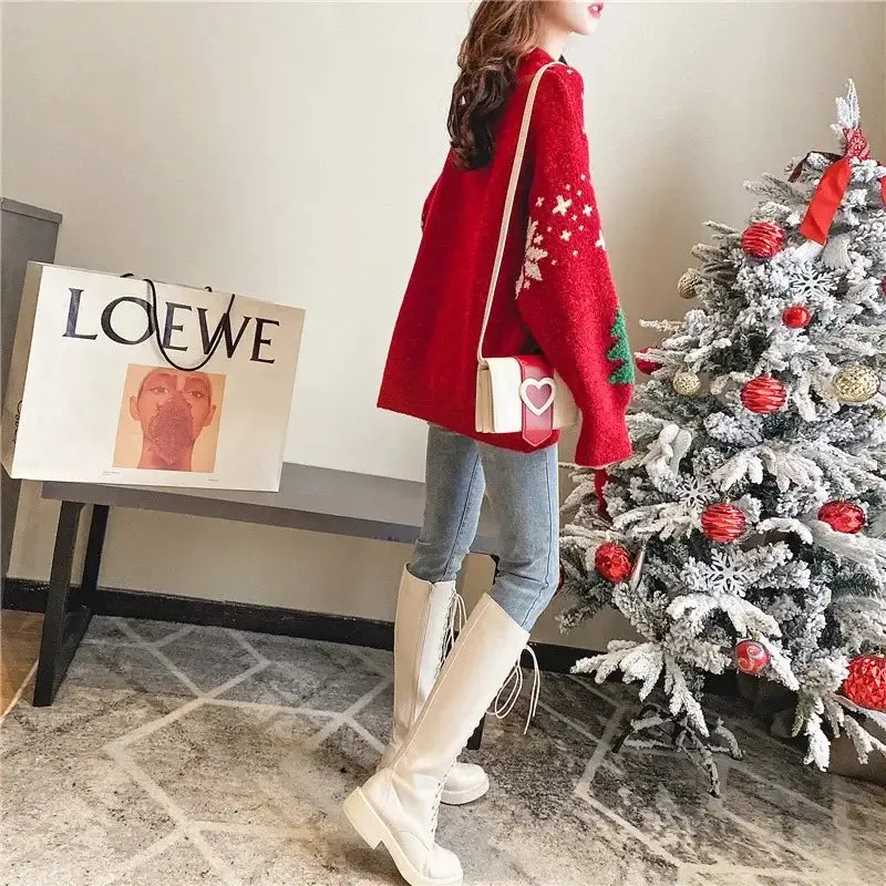 2024 Autumn/Winter Thickened Color blocked Christmas Sweater Women Hoodie Snowflake Loose Round Neck Lazy Style Tops