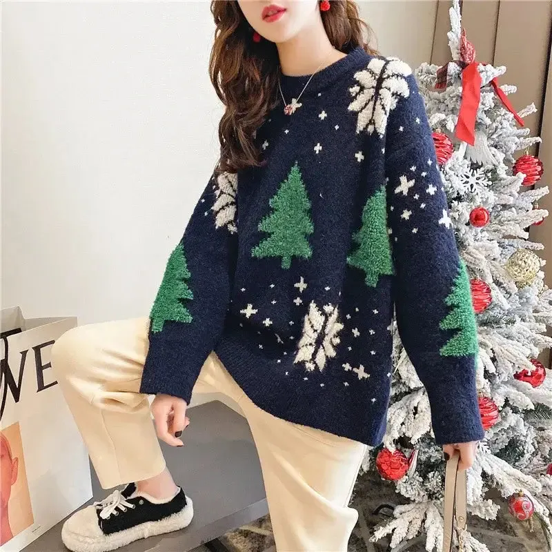 2024 Autumn/Winter Thickened Color blocked Christmas Sweater Women Hoodie Snowflake Loose Round Neck Lazy Style Tops