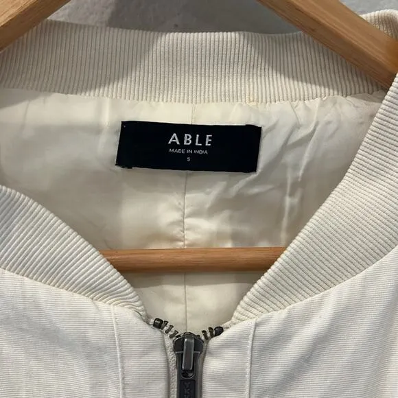 Able Bomber Jacket | Cream Cotton | Zippered | Size Small Oversized