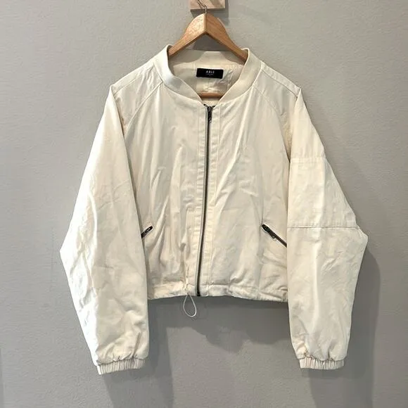 Able Bomber Jacket | Cream Cotton | Zippered | Size Small Oversized