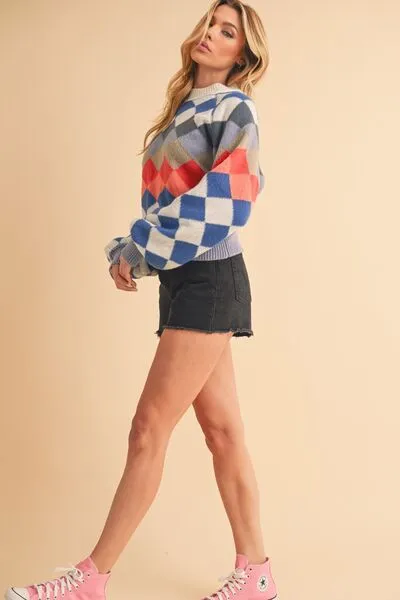 Aemi   Co Diamond Mock Neck Raglan Sleeve Sweater