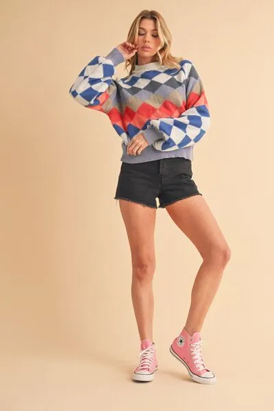 Aemi   Co Diamond Mock Neck Raglan Sleeve Sweater