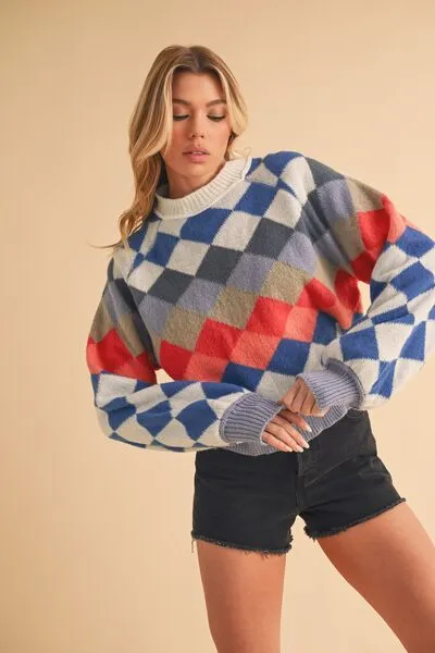 Aemi   Co Diamond Mock Neck Raglan Sleeve Sweater