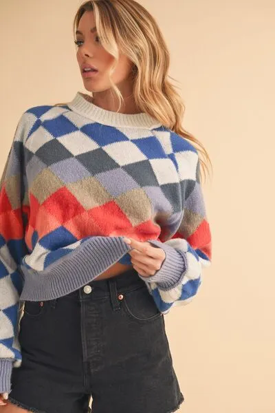 Aemi   Co Diamond Mock Neck Raglan Sleeve Sweater