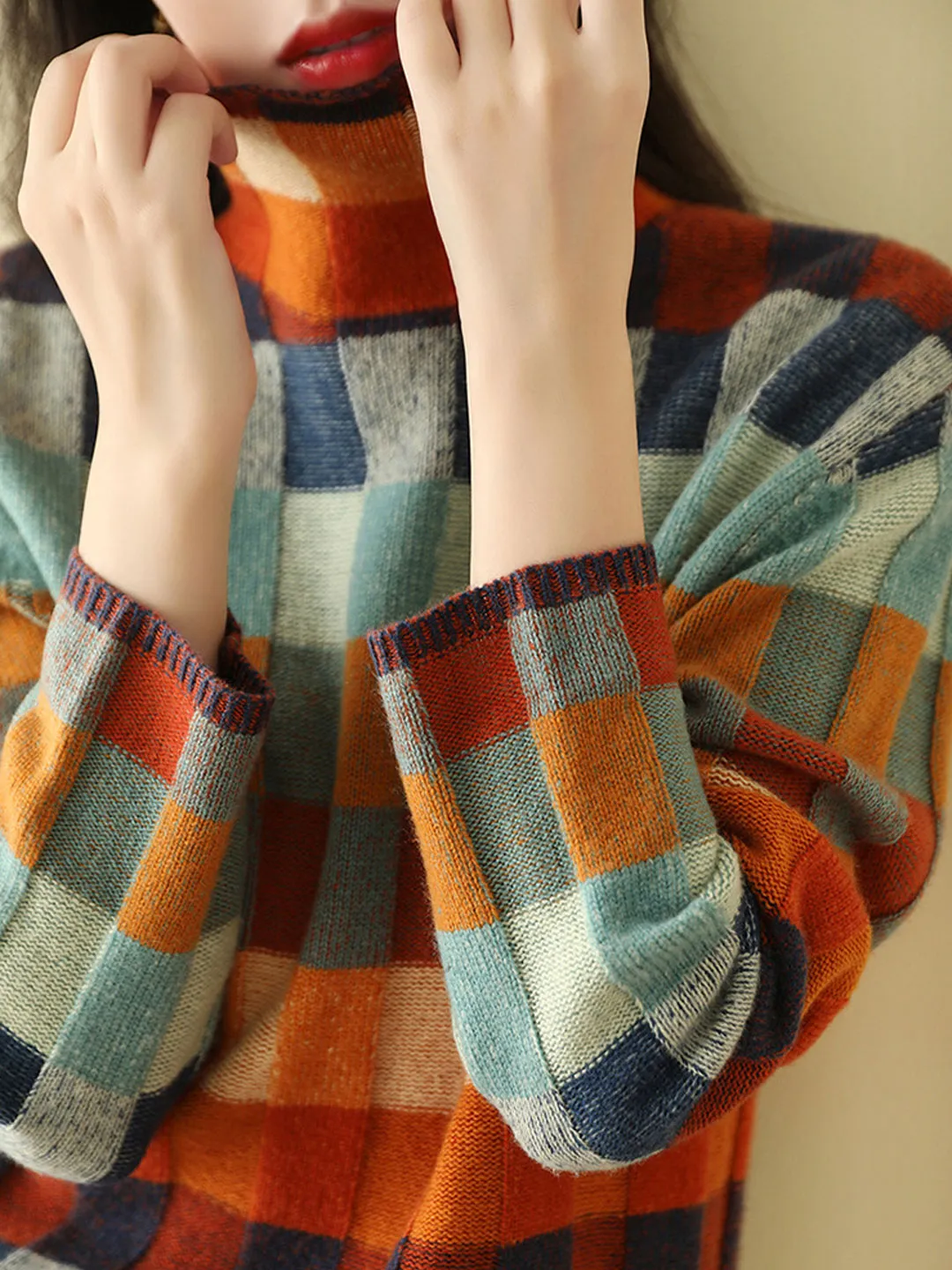 Anna | Loose Turtleneck Plaid Knitted Sweater