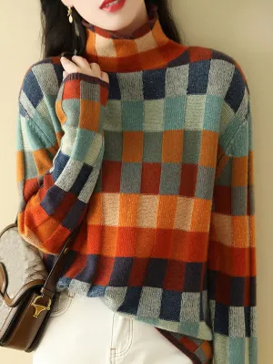 Anna | Loose Turtleneck Plaid Knitted Sweater