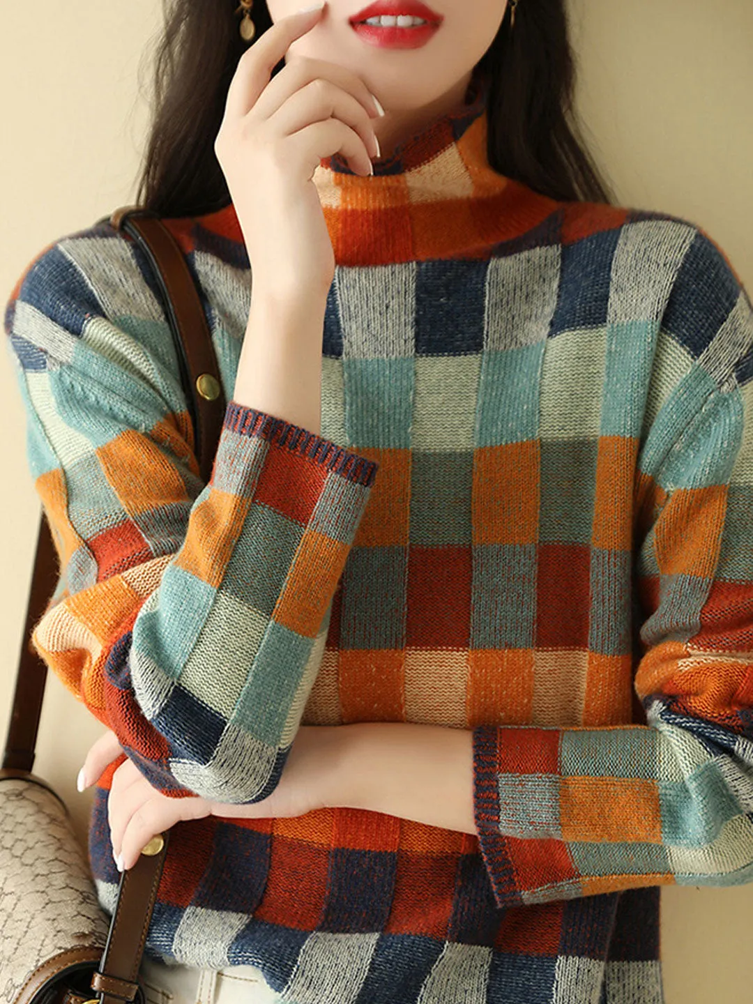 Anna | Loose Turtleneck Plaid Knitted Sweater