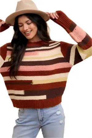 Annie Wear Color Block Round Neck Long Sleeve Sweater