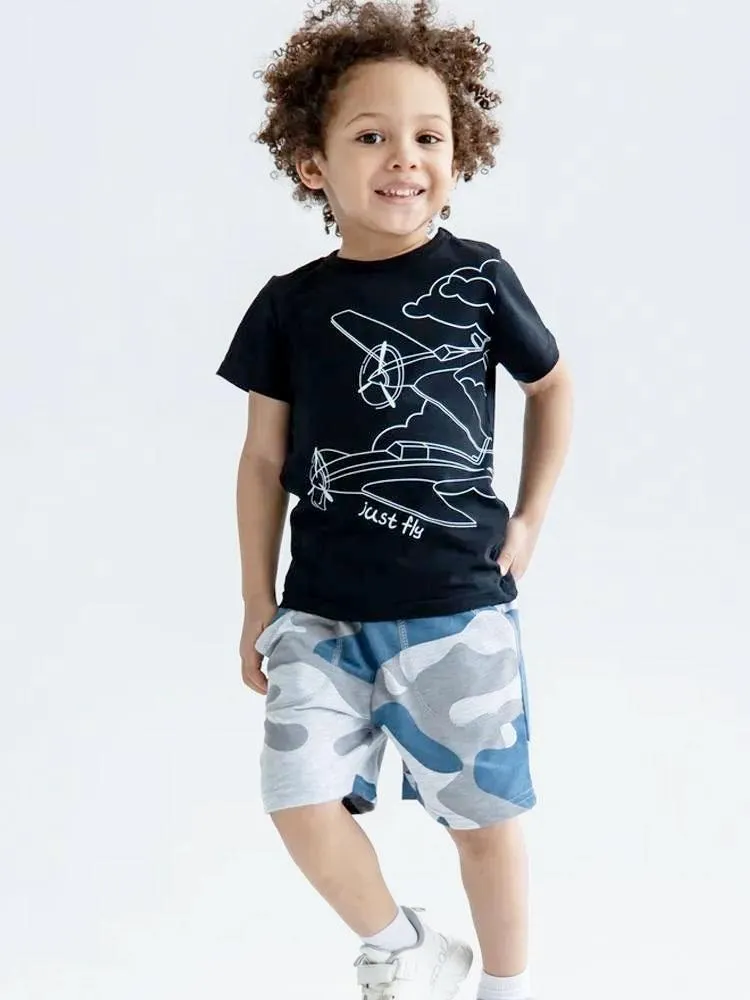 Artie - Blue & Grey Camo French Terry Baby and Boy Shorts
