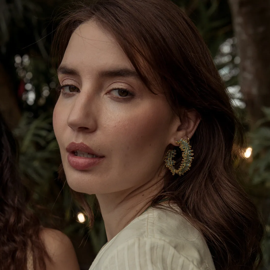 Beaded gold plated hoop earring -fringe style