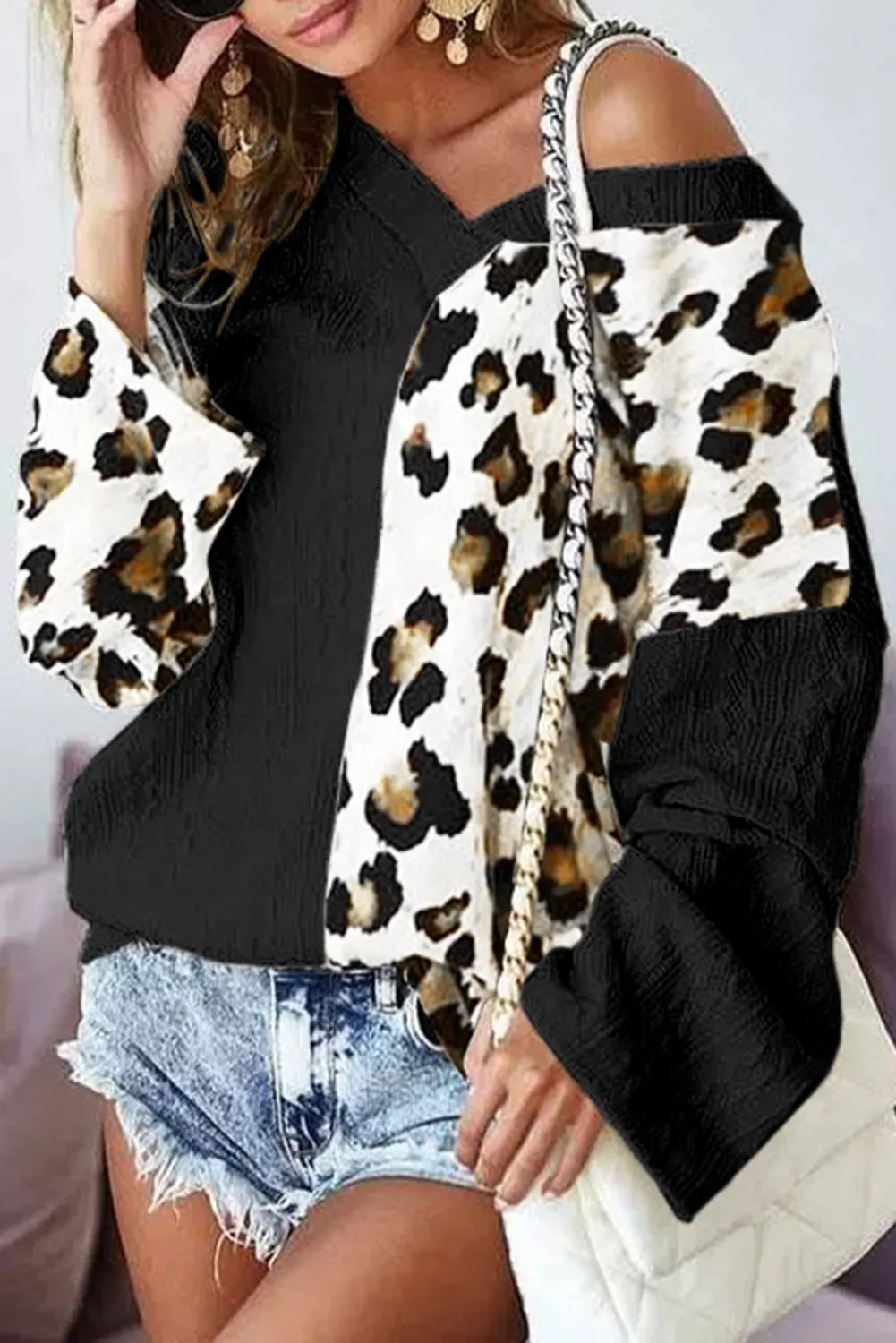 Beige Asymmetric Leopard Patchwork Wide Sleeve V Neck Sweater