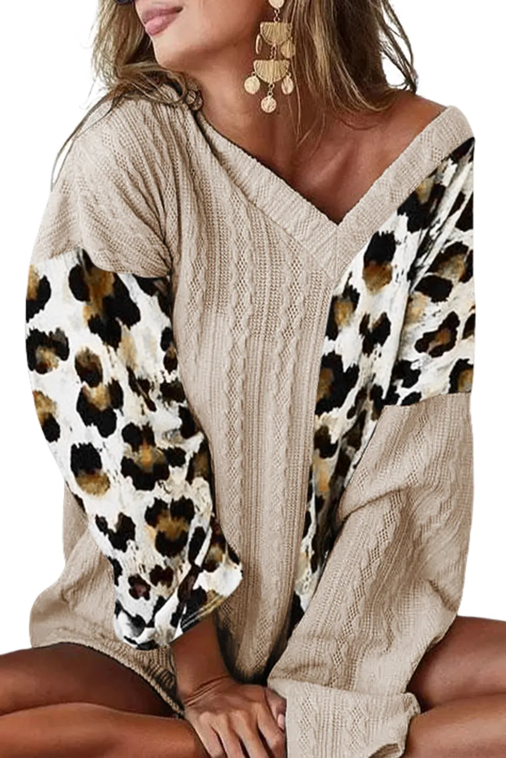 Beige Asymmetric Leopard Patchwork Wide Sleeve V Neck Sweater