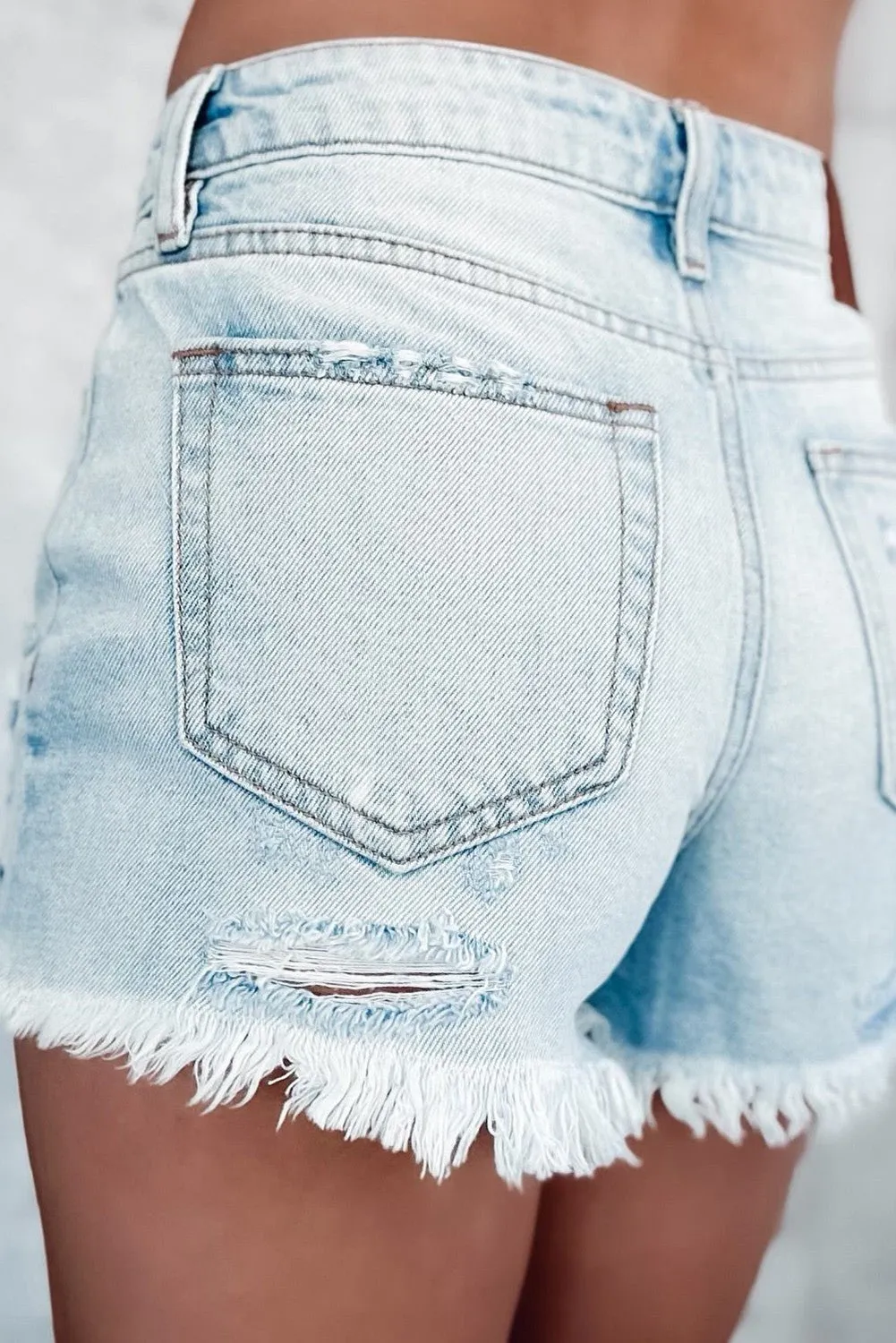 Blue Washed Raw Hem Straight Leg Shorts