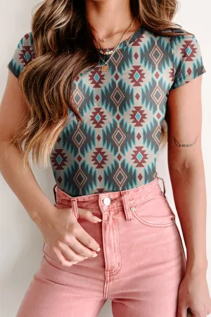 Blue Western Aztec Print Mesh Slim T Shirt