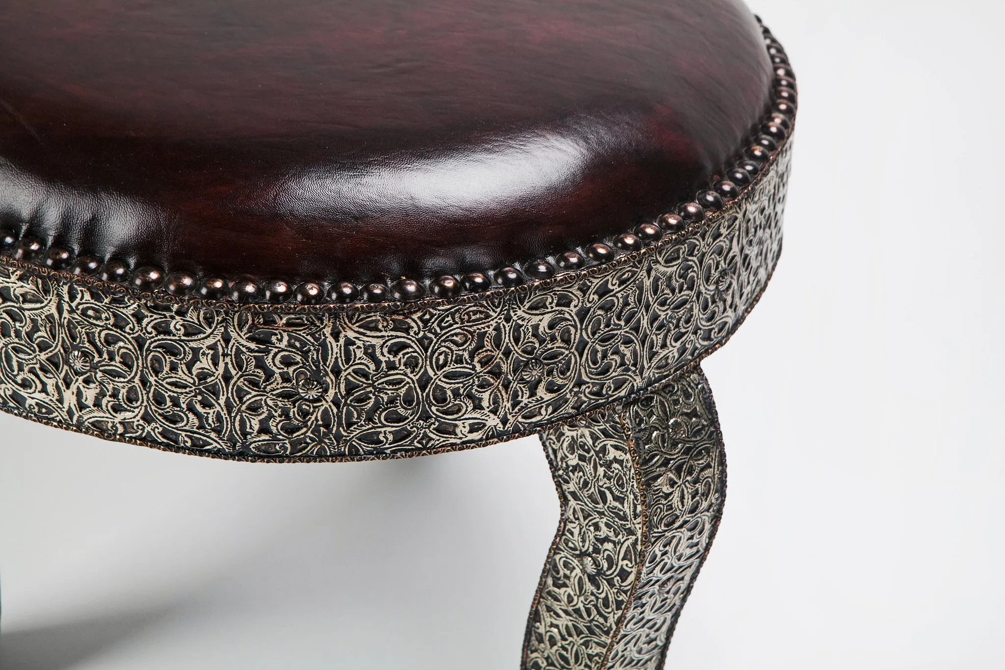 Boho Chic Leather Top and Filigree Design Tabouret or Ottoman