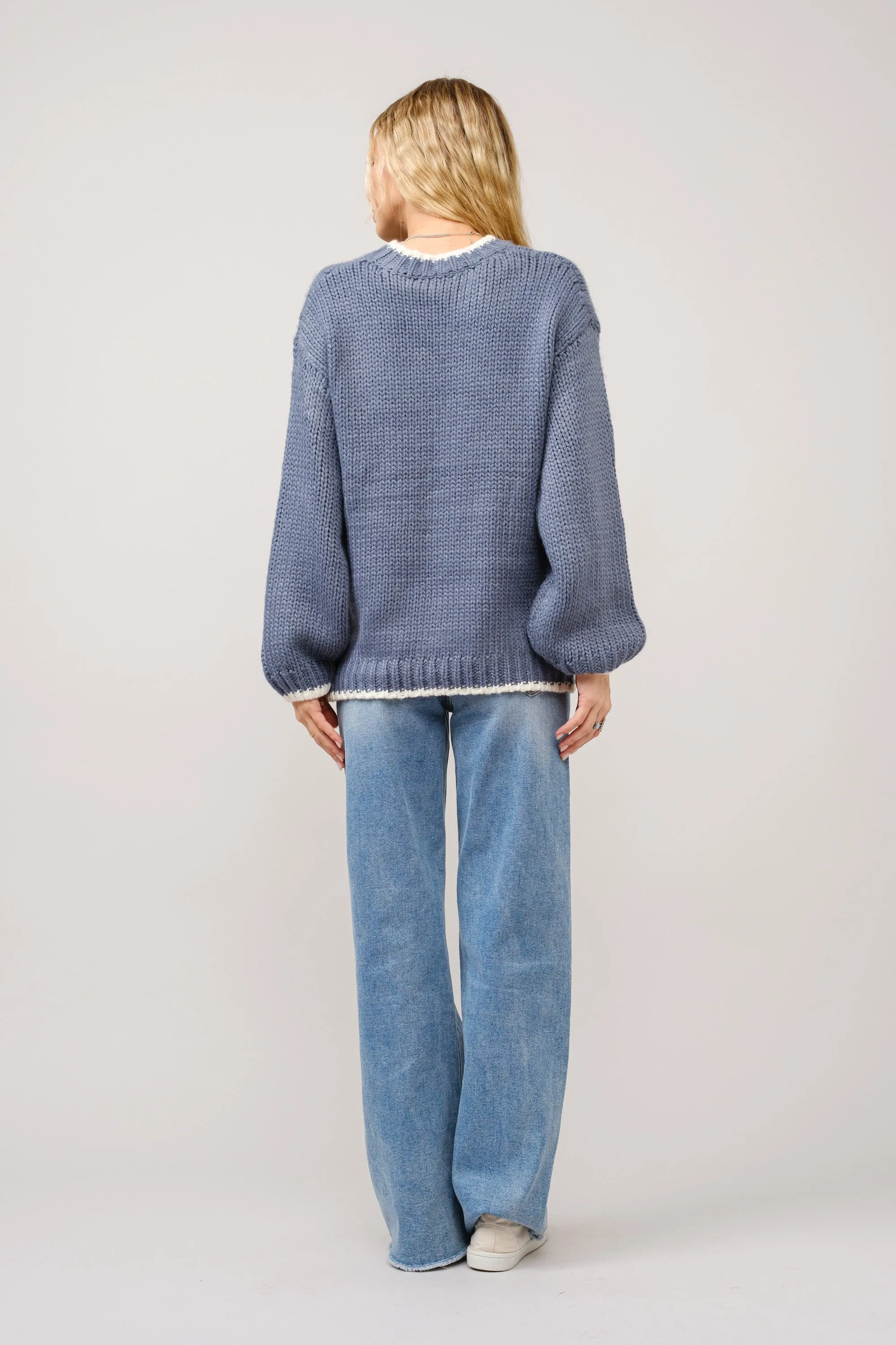 Bow Heart Embroidered Blue Sweater