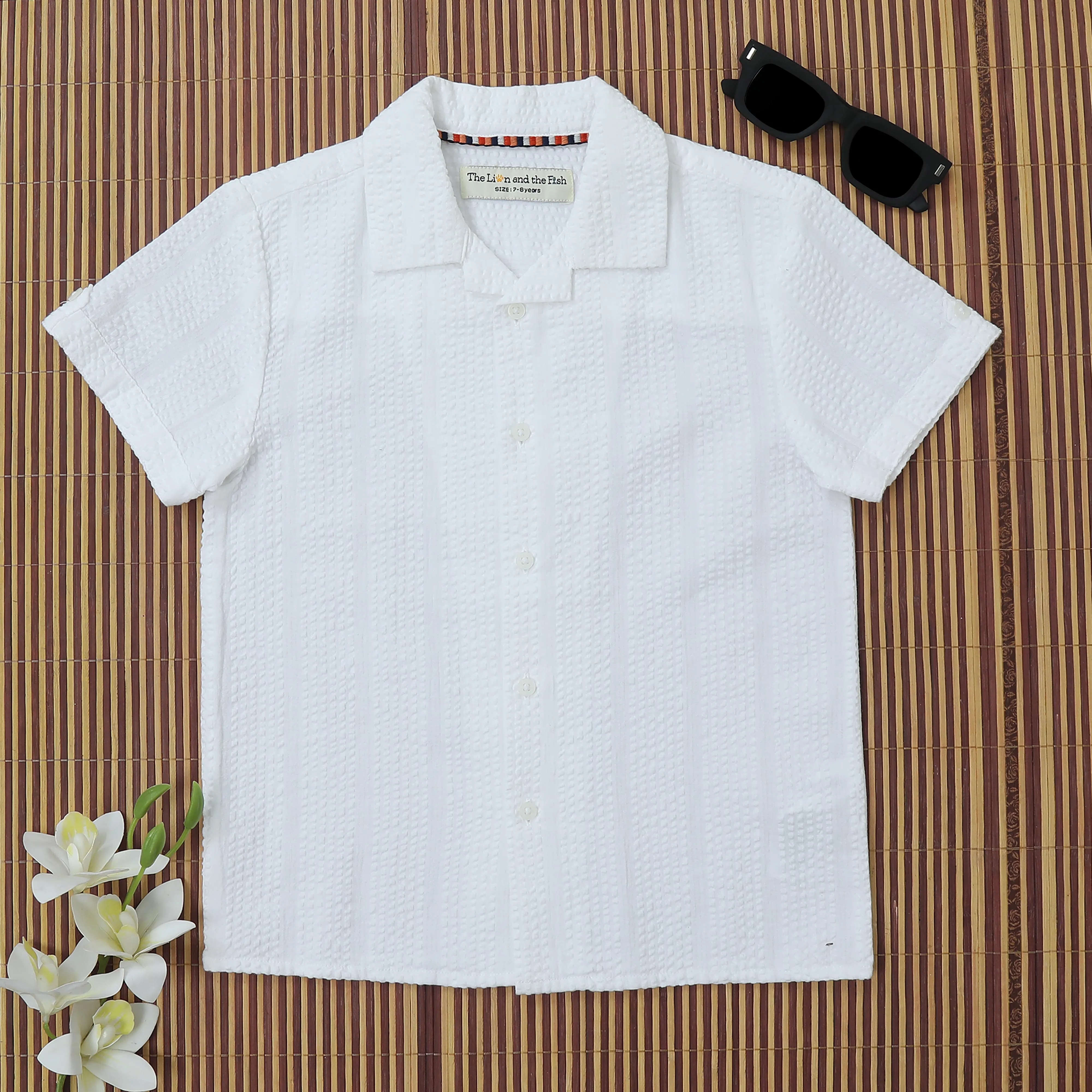 Boys Textured Seersucker Resort Shirt & Short Co-Ord Set Porcelain White