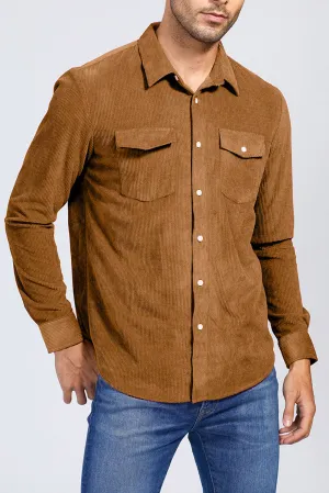 Brown Men Corduroy Flap Pocket Button Front Shirt