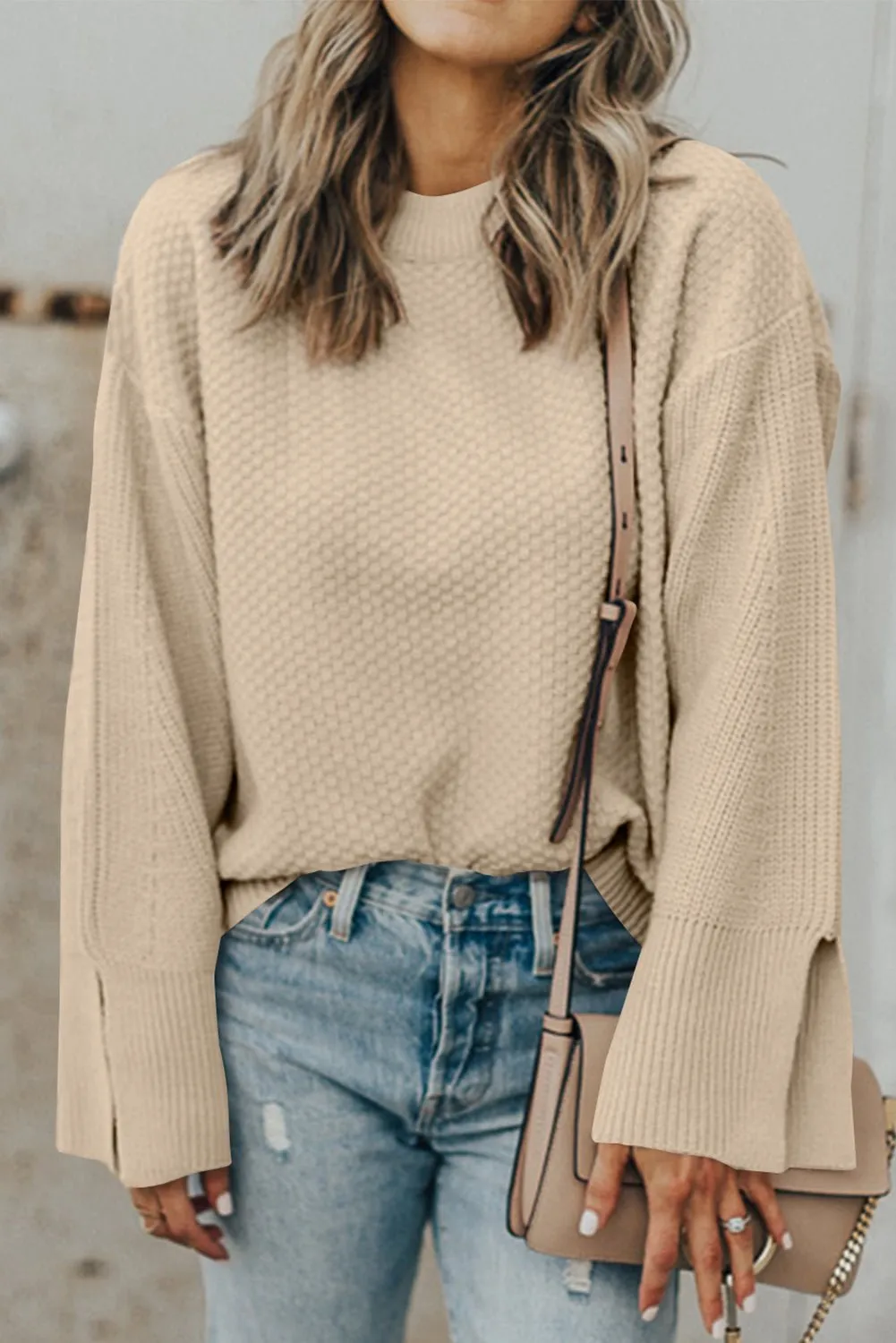Chic Textured Knit Split Cuff Sweater