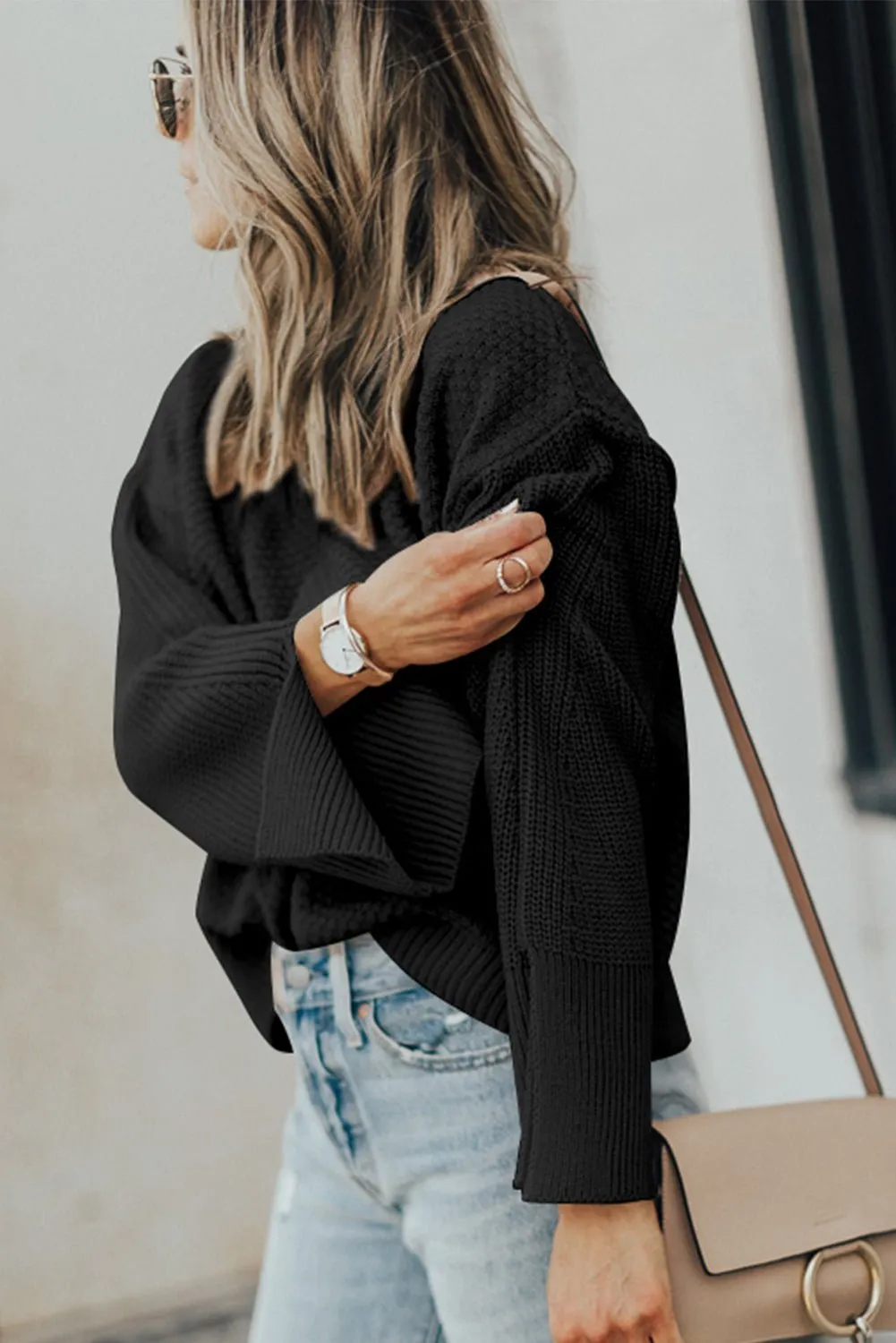 Chic Textured Knit Split Cuff Sweater