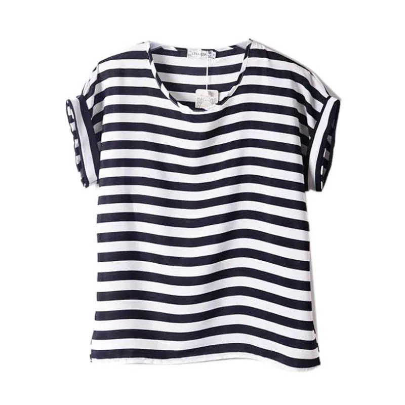 Chiffon T-Shirts Ladies Loose Short Sleeve Shirts Striped Heart Lip Tops Batwing Sleeve