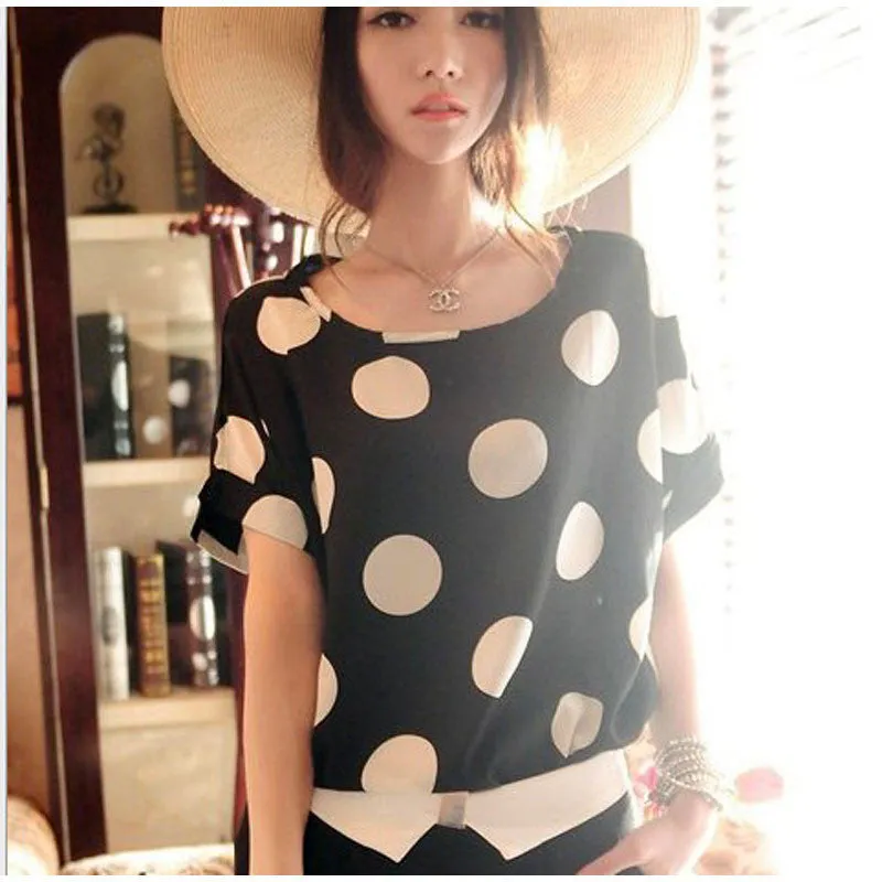 Chiffon T-Shirts Ladies Loose Short Sleeve Shirts Striped Heart Lip Tops Batwing Sleeve