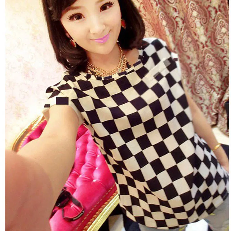 Chiffon T-Shirts Ladies Loose Short Sleeve Shirts Striped Heart Lip Tops Batwing Sleeve