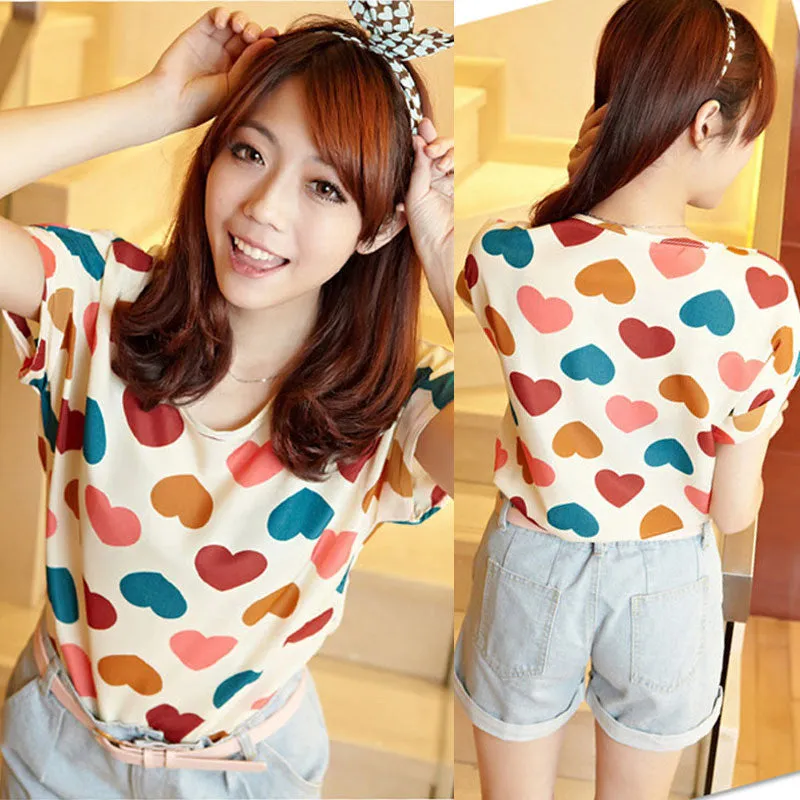 Chiffon T-Shirts Ladies Loose Short Sleeve Shirts Striped Heart Lip Tops Batwing Sleeve