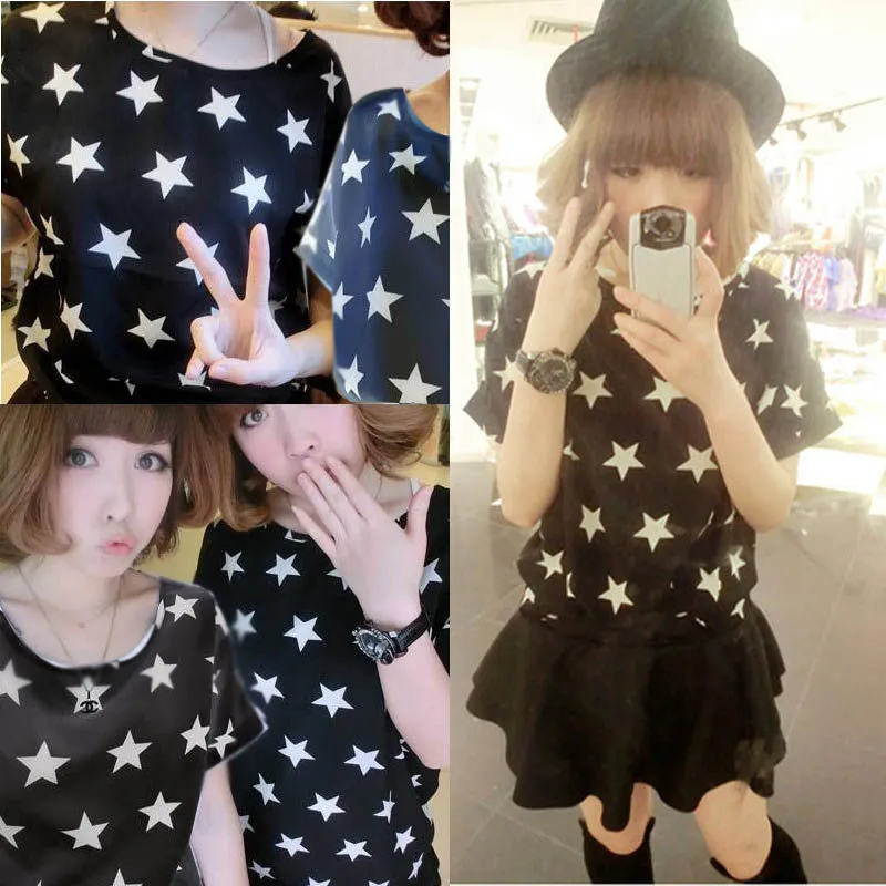 Chiffon T-Shirts Ladies Loose Short Sleeve Shirts Striped Heart Lip Tops Batwing Sleeve