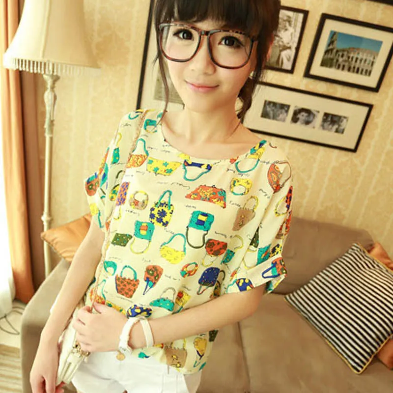 Chiffon T-Shirts Ladies Loose Short Sleeve Shirts Striped Heart Lip Tops Batwing Sleeve