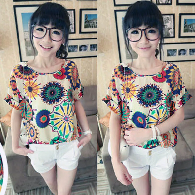 Chiffon T-Shirts Ladies Loose Short Sleeve Shirts Striped Heart Lip Tops Batwing Sleeve