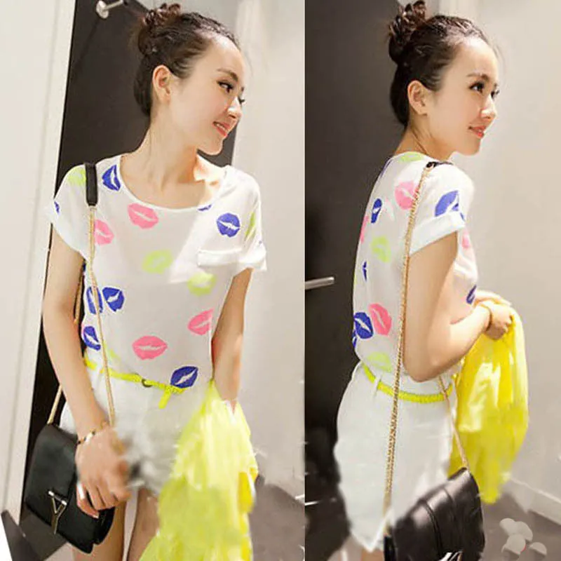 Chiffon T-Shirts Ladies Loose Short Sleeve Shirts Striped Heart Lip Tops Batwing Sleeve