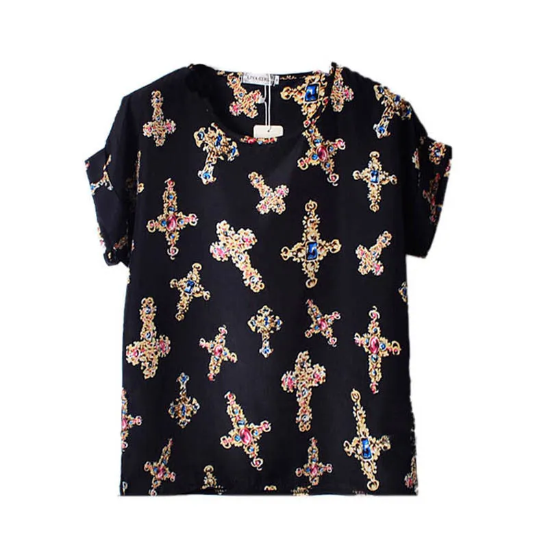 Chiffon T-Shirts Ladies Loose Short Sleeve Shirts Striped Heart Lip Tops Batwing Sleeve
