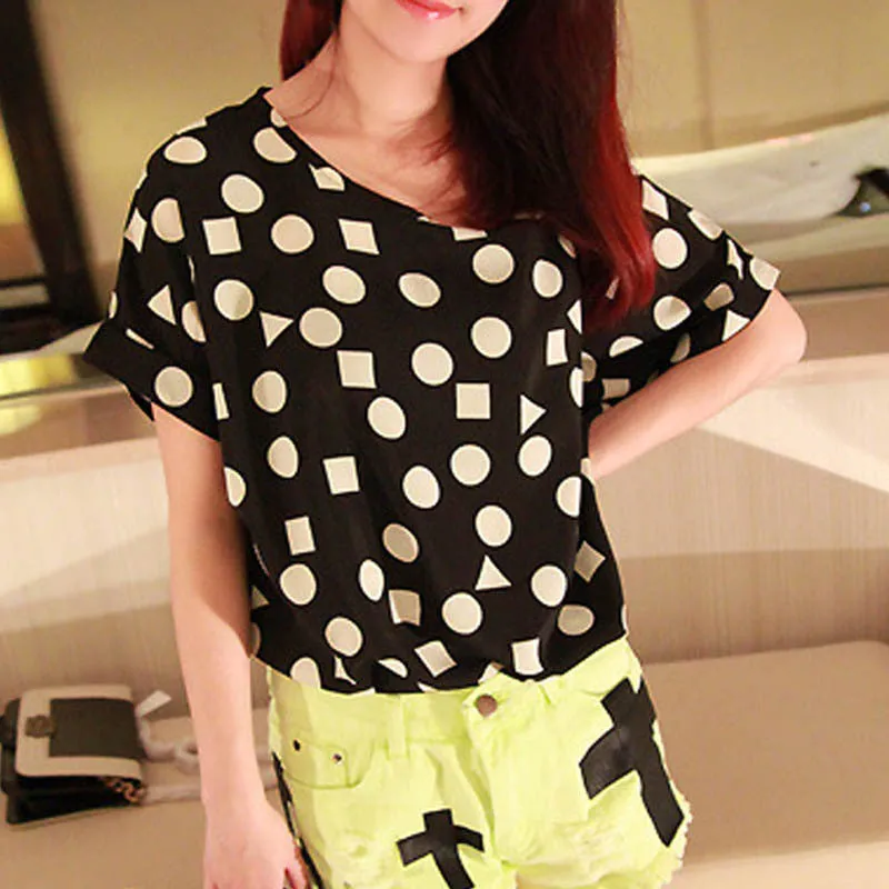 Chiffon T-Shirts Ladies Loose Short Sleeve Shirts Striped Heart Lip Tops Batwing Sleeve