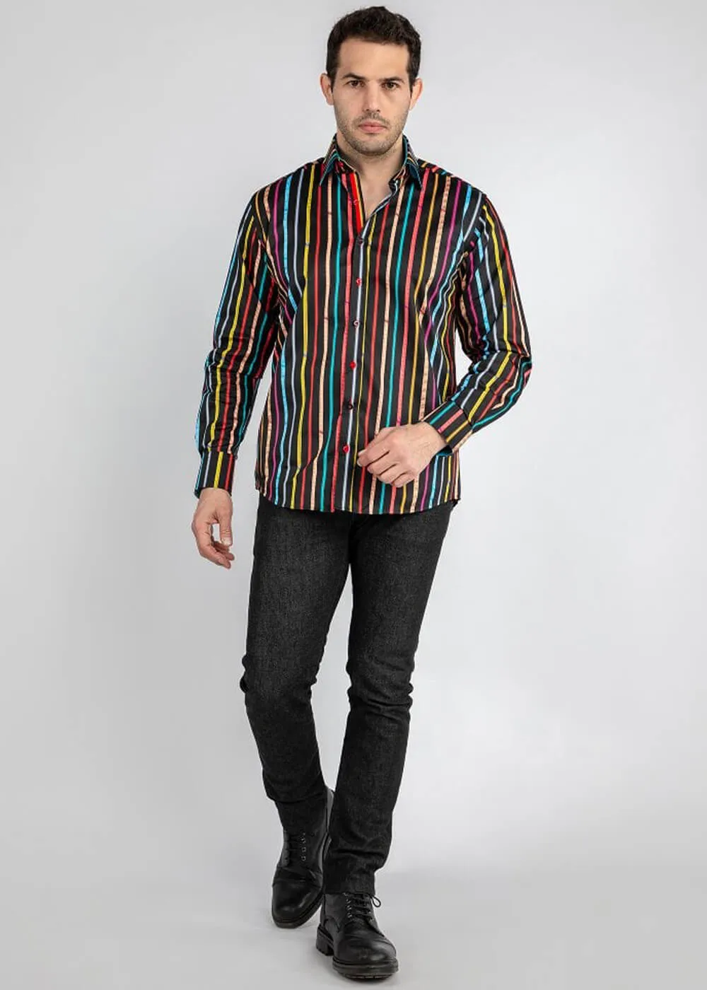 Claudio Lugli Heren Measure Tape Stripe Shirt Black