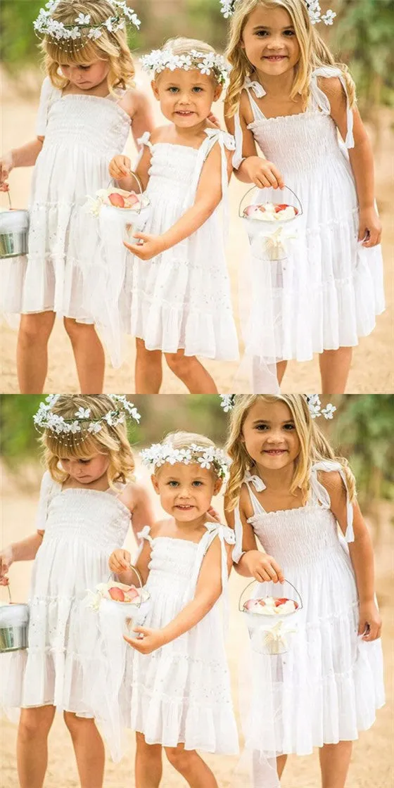 Cute A-Line Spaghetti Straps White Long Cheap Flower Girl Dresses with Bow Knot, QB0099