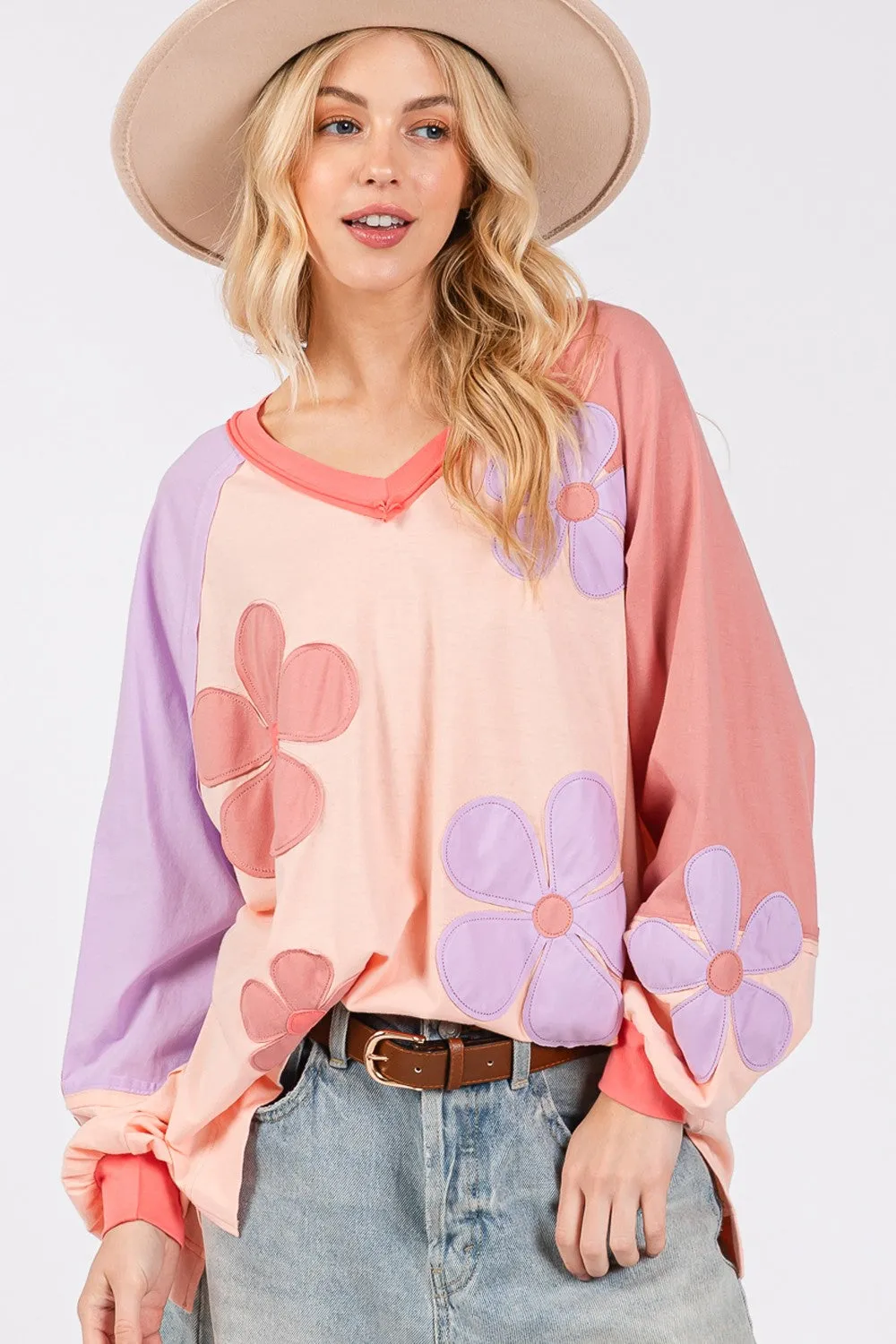 Daisy Applique Patch Color Block Long Sleeve Top