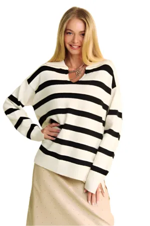 Davi & Dani High-Low Side Slit Striped Johnny Collar Sweater
