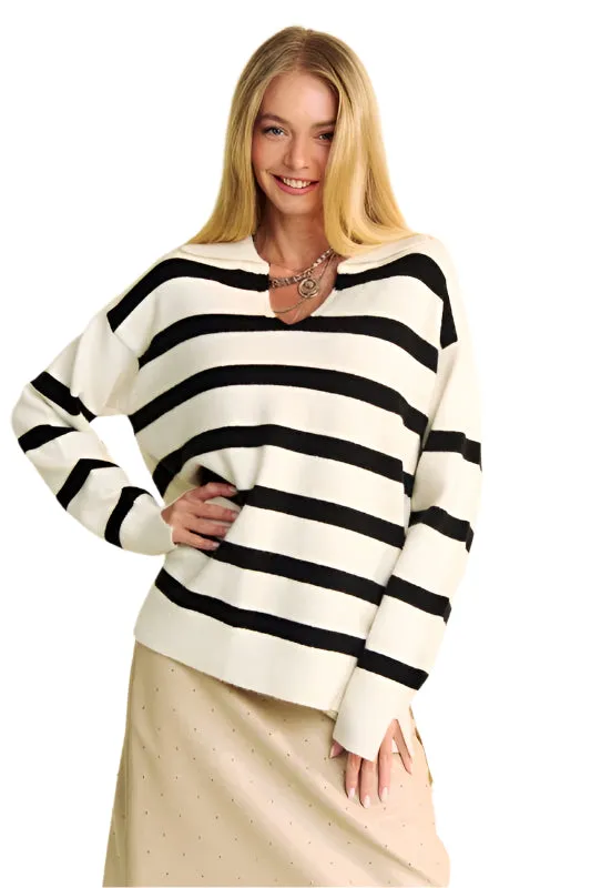 Davi & Dani High-Low Side Slit Striped Johnny Collar Sweater