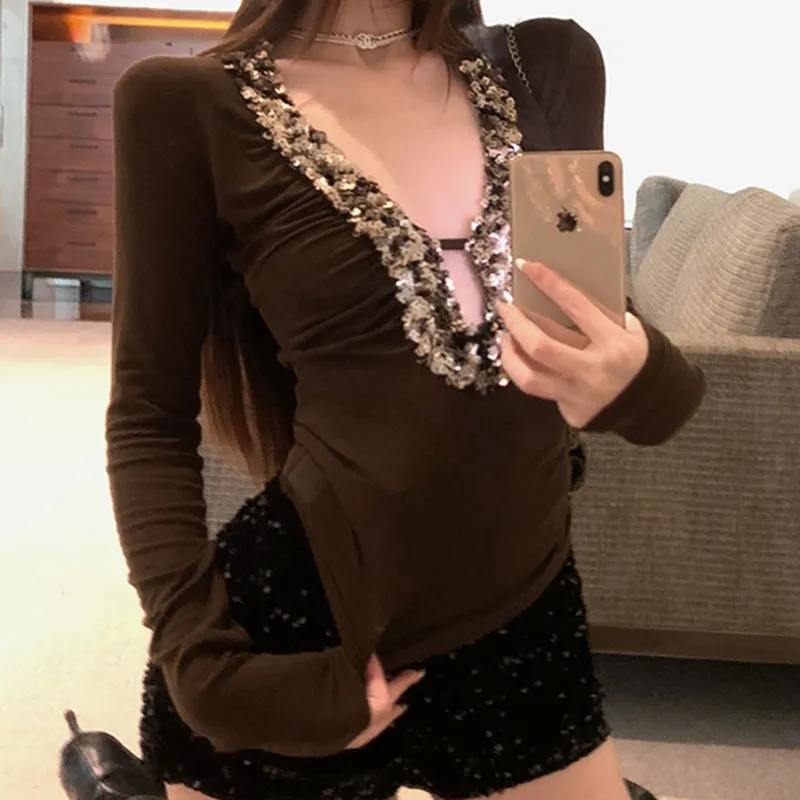 Dazzling Deep V-Neck Sequin Patchwork Long Sleeve Top