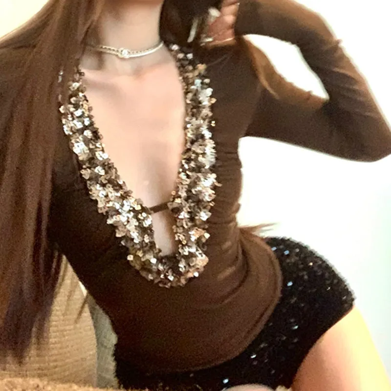 Dazzling Deep V-Neck Sequin Patchwork Long Sleeve Top