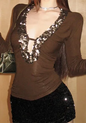 Dazzling Deep V-Neck Sequin Patchwork Long Sleeve Top
