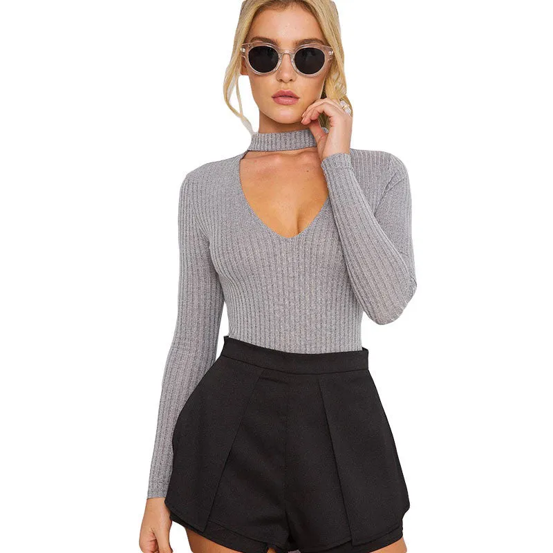 Deep V-neck Sexy Ribbed Leotard Long Sleeve Crop Top