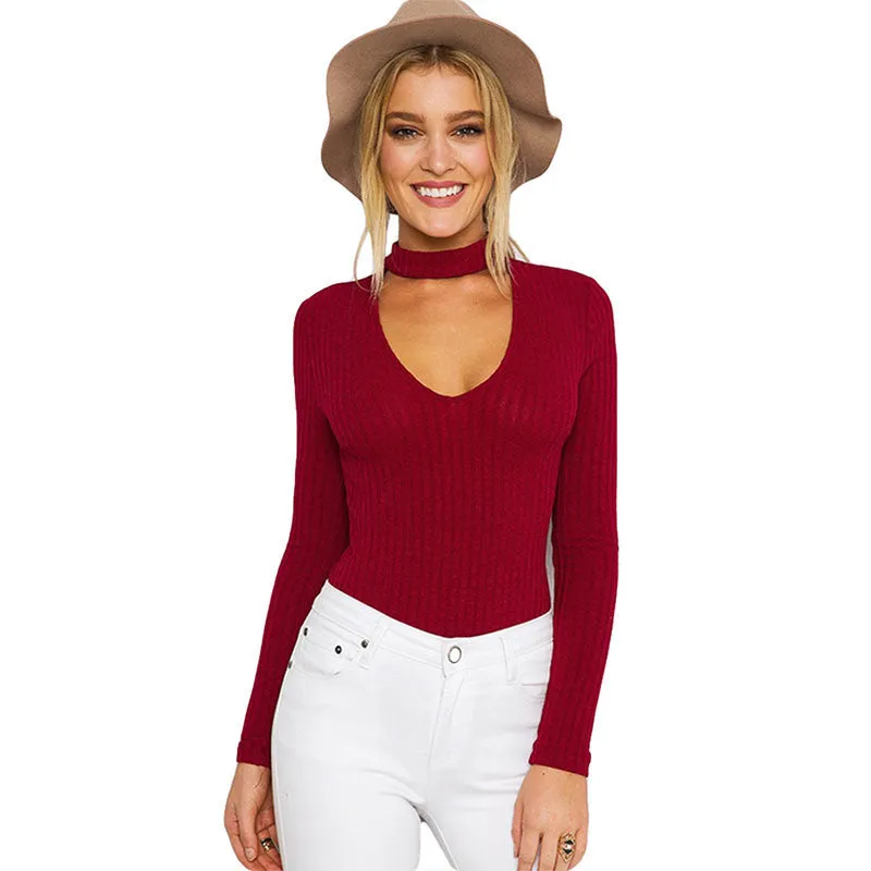 Deep V-neck Sexy Ribbed Leotard Long Sleeve Crop Top