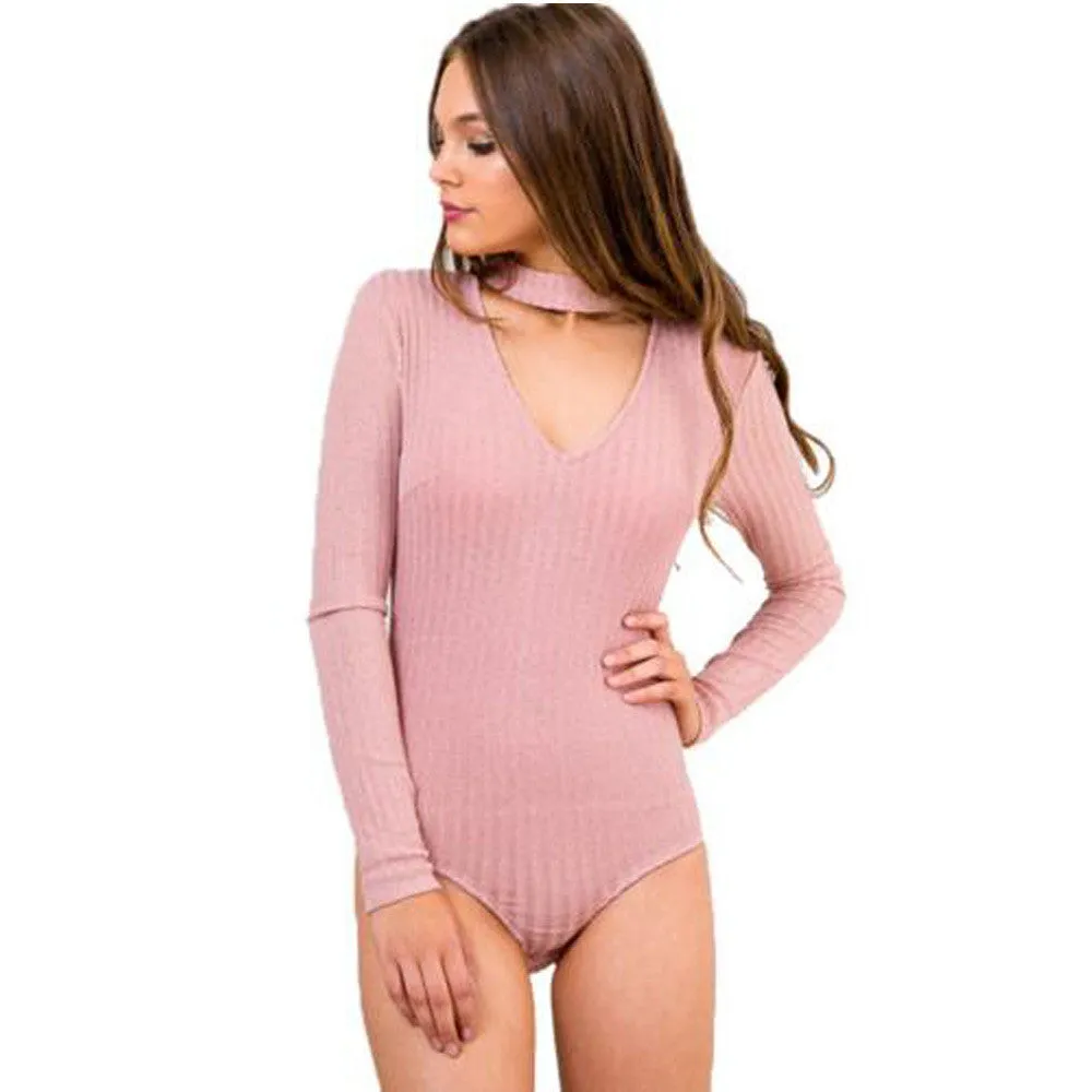 Deep V-neck Sexy Ribbed Leotard Long Sleeve Crop Top