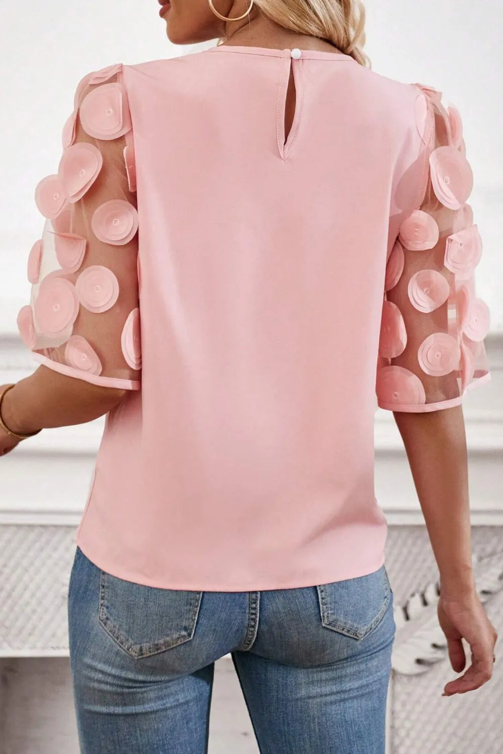 Dusty Pink Contrast Applique Mesh Half Sleeve Blouse